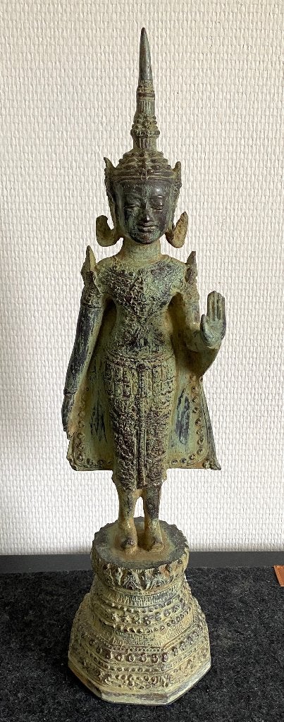 Ancienne Statue de Bouddha Rattanakosin en Bronze, Antiquités & Art, Enlèvement ou Envoi, Bronze, Objet rituel, 44 cm