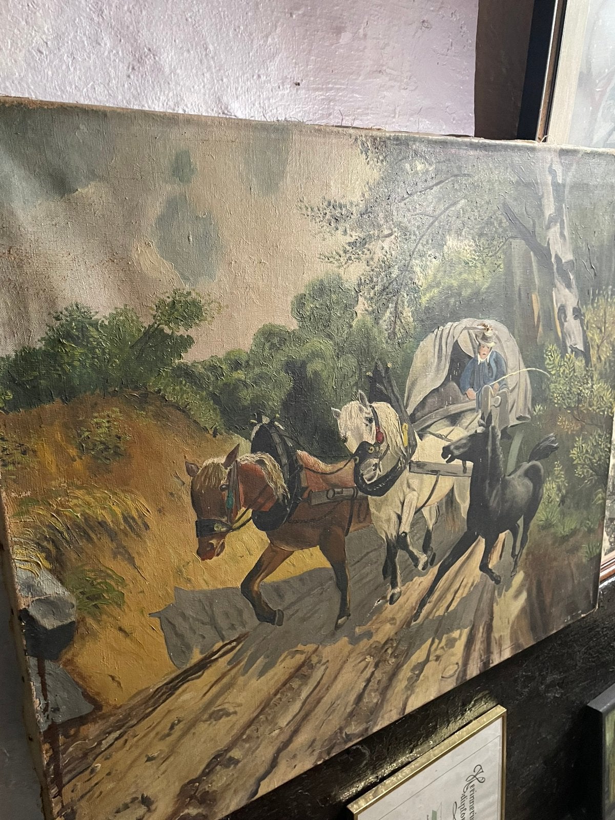 Huifkar met paarden op zandweg, Ophalen, Vintage, Gedateerd, Doek