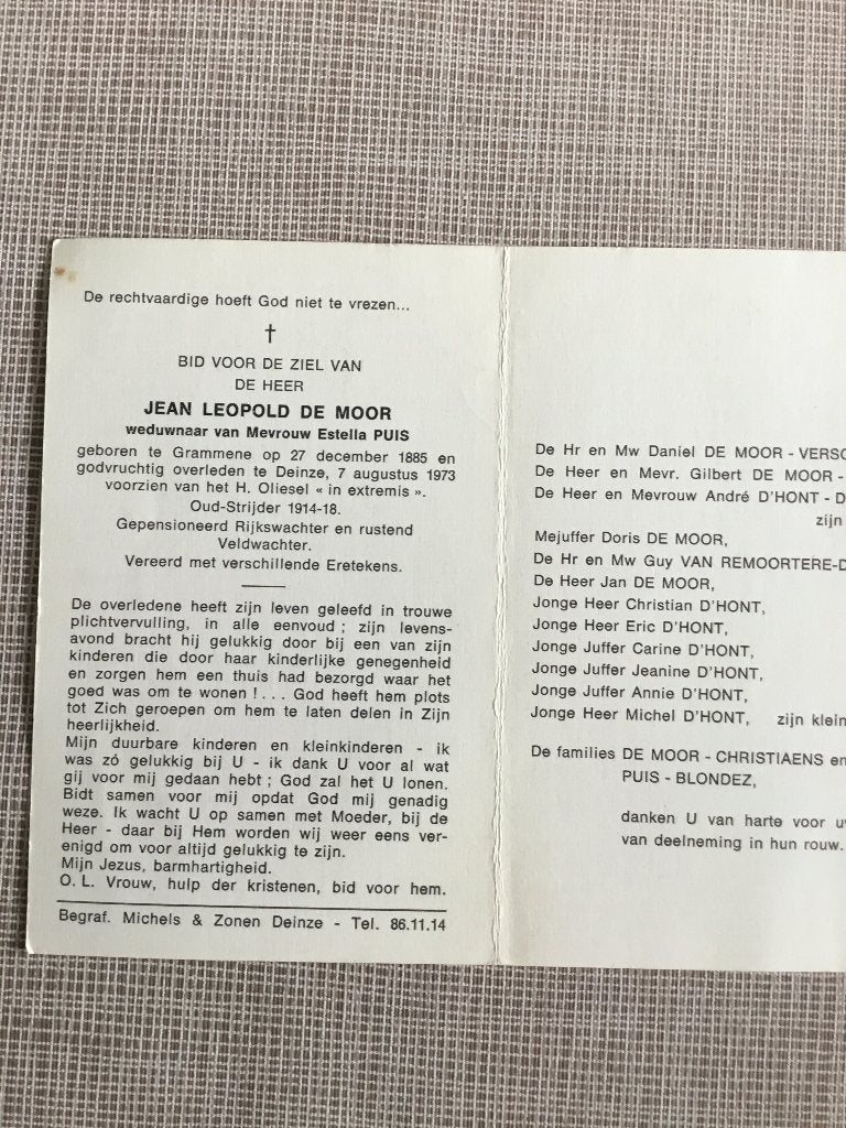Rijkswachter J.De Moor Grammene Deinze. E.Puis, Verzamelen, Ophalen of Verzenden, Bidprentje