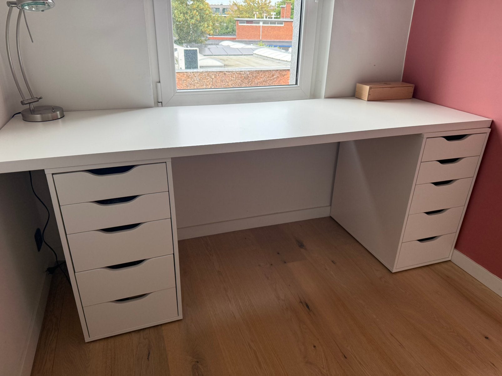 Wit bureau met twee ladenkasten - 193x60 cm, Huis en Inrichting, Ophalen, Opbergruimte, Zo goed als nieuw, Wit
