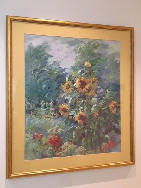 Schilderij Zonnebloemen - Vergulde houten frame 96 x 83 cm, Ophalen
