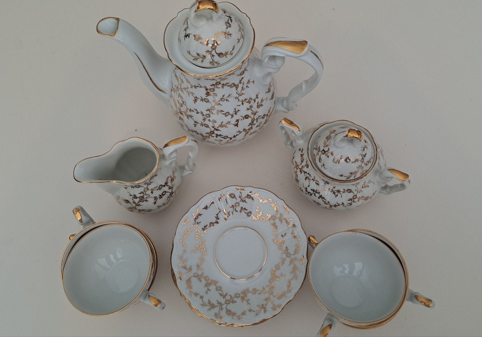 Service à café vintage porcelaine & dorure baroque K&E – 6 p, Enlèvement, Comme neuf