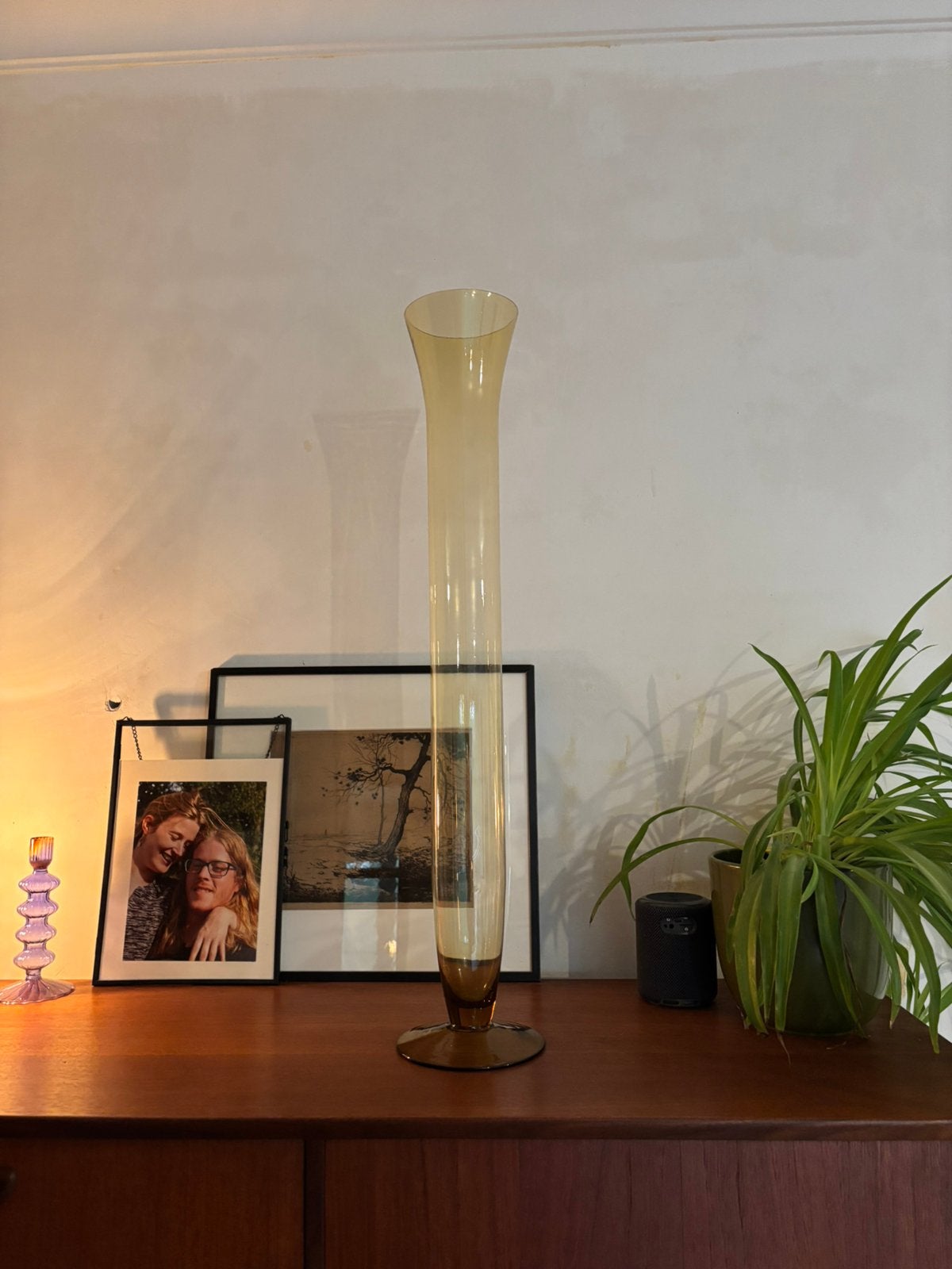 Vintage glazen vloervaas – 70 cm – amberkleurig, Ophalen, Geel, 70 cm, Geschikt voor droogbloemen