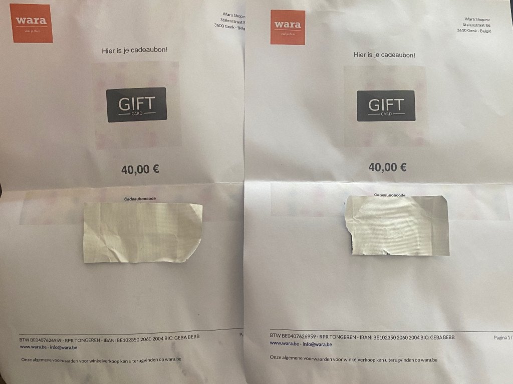 Cadeaubonnen Wara ter waarde van €80, Eén persoon, Cadeaubon, Warenhuis- of Winkelbon