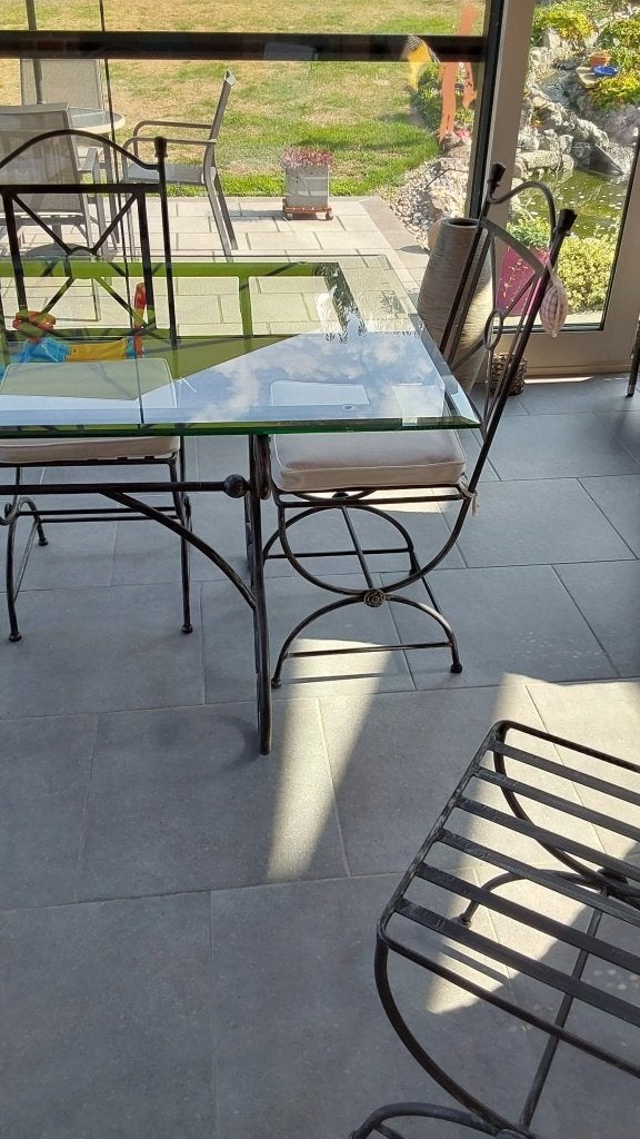 Table en fer forgé et plateau en verre, Maison & Meubles, 150 à 200 cm, Verre, Comme neuf, Enlèvement