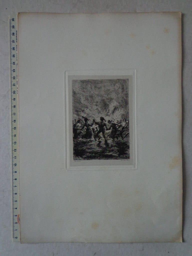 19de eeuwse ets Edgard Baes "Vreugdevuur" uit 1879, Ophalen of Verzenden, Dagelijks leven, Ets, Gesigneerd