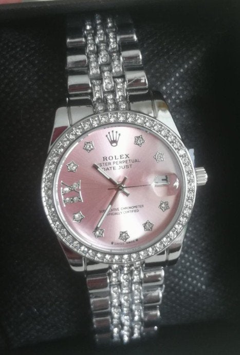 Rolex Lady-Datejust 33mm White Gold colour Pink, Bijoux, Sacs & Beauté, Rolex, Enlèvement ou Envoi, Acier, Avec strass