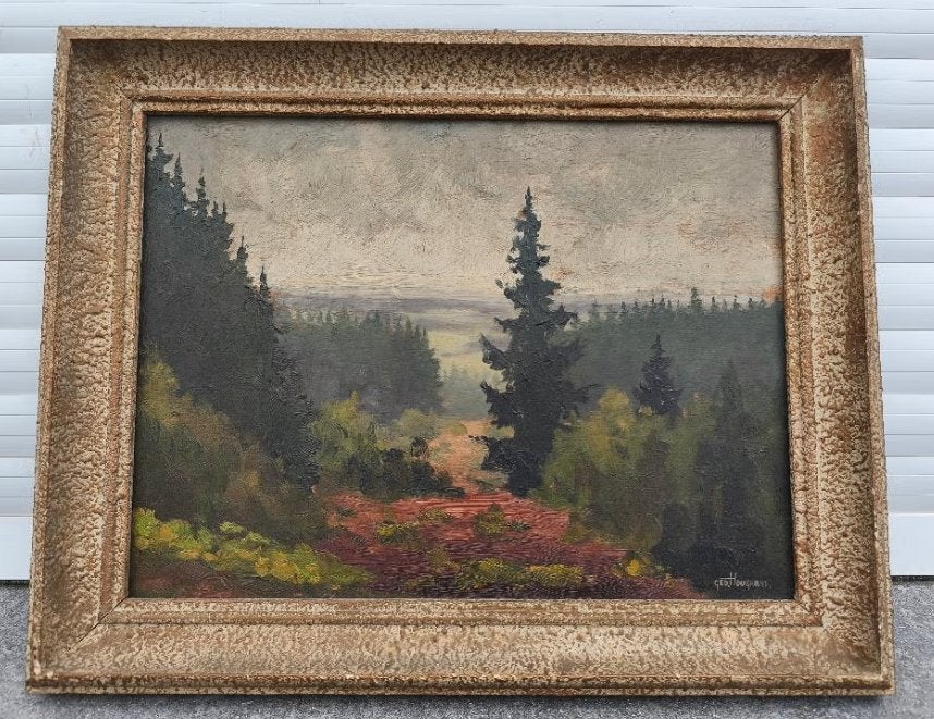Huile sur panneau signe geo hougrand, Antiquités & Art, Enlèvement ou Envoi, Panneau