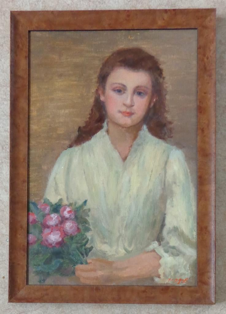 ONLEESBAAR / VROUW MET BLOEMEN / OLIEVERF / 67x47cm / KADER, Enlèvement ou Envoi, Signé, Peinture à l'huile, Fleurs
