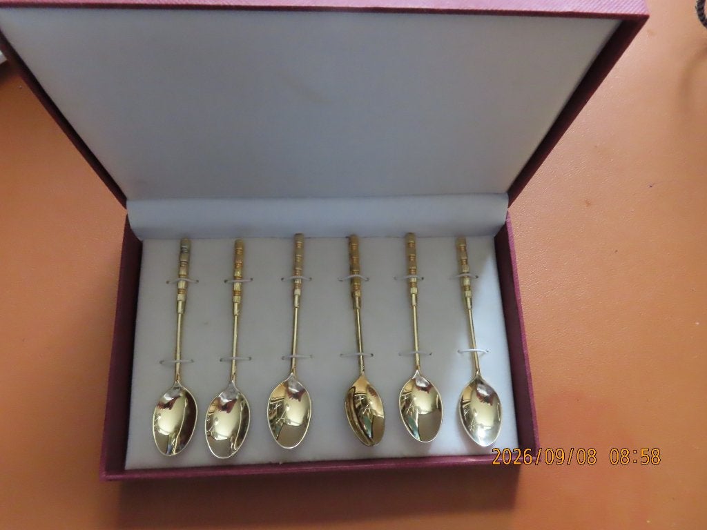 6 gouden lepeltje in doos verguld, Antiek en Kunst, Ophalen of Verzenden