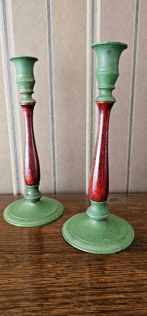 2 kandelaars, koper en hout, Ophalen, Zo goed als nieuw, Groen, Kandelaar