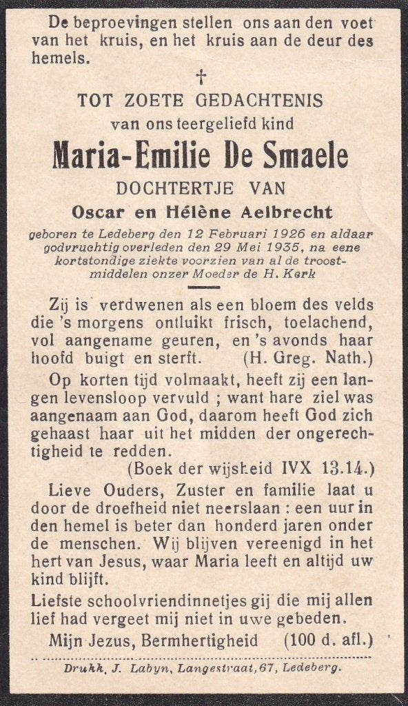 K 7 / B P DE SMAELE LEDEBERG 1926 - 1935, Verzamelen, Ophalen of Verzenden, Bidprentje