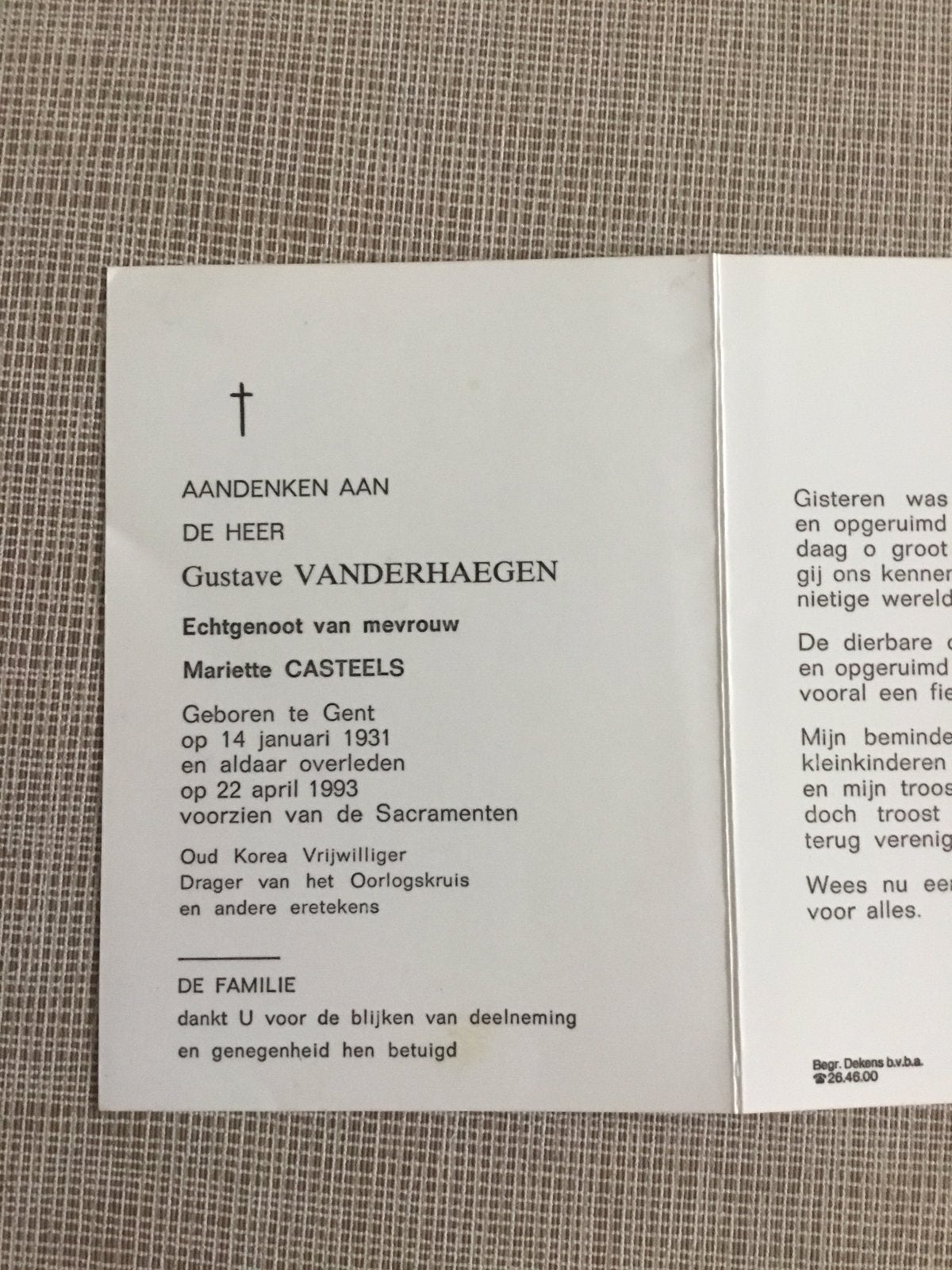 Soldat, commandant-parachutiste Korea Vanderhagen Gent 1993, Envoi, Image pieuse