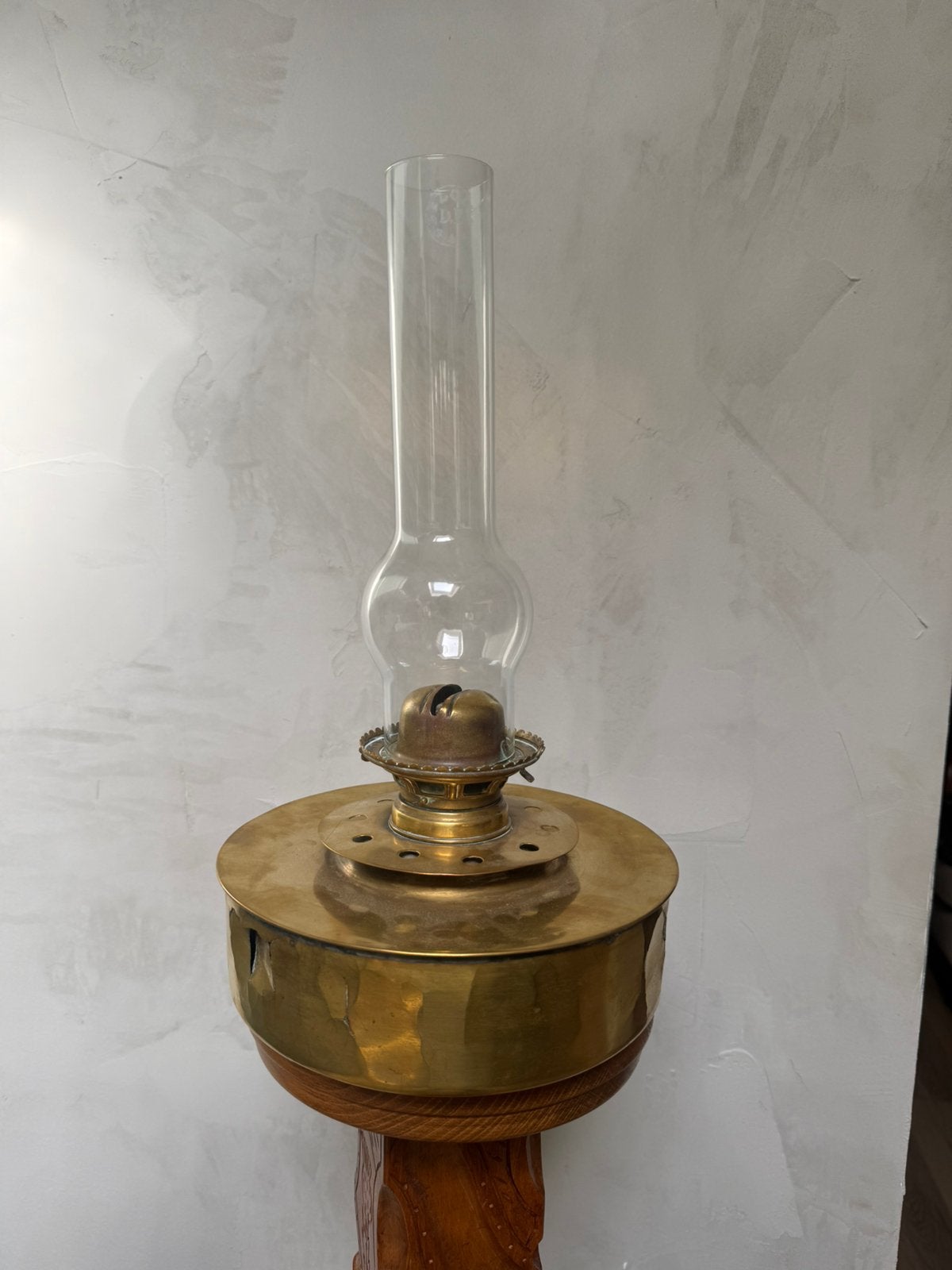 Antieke koperen olielamp met glas, Ophalen of Verzenden