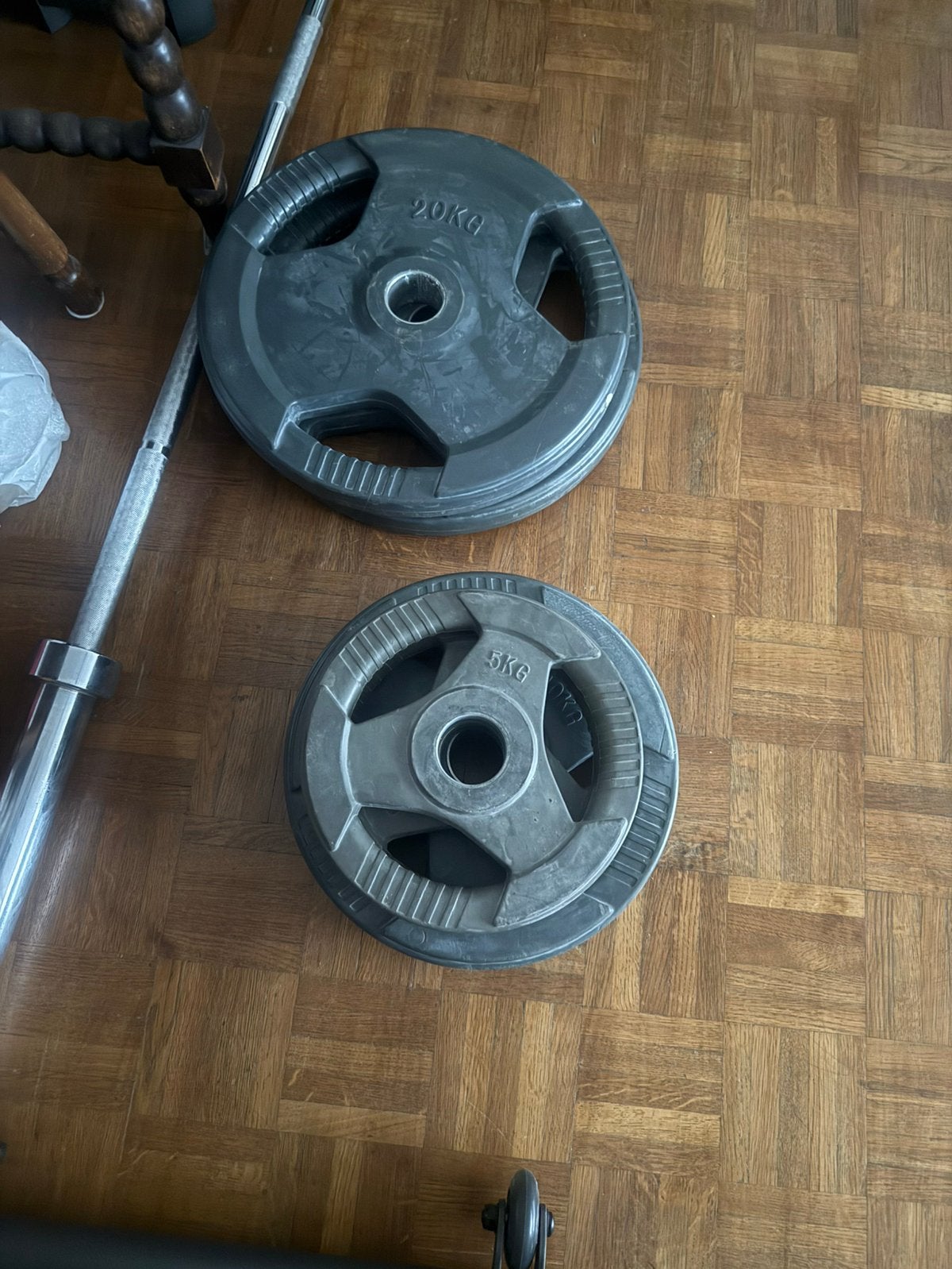 Olympische halterschijven van 20 kg/10 kg en 5 kg, Sport en Fitness, Ophalen, Gebruikt, Armen, Halterschijven