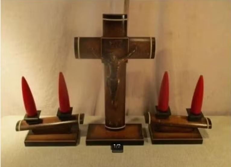 Mooi Antieke Houten Kruis met 2 bijhorende Kaarsenhouders, Antiek en Kunst, Ophalen of Verzenden