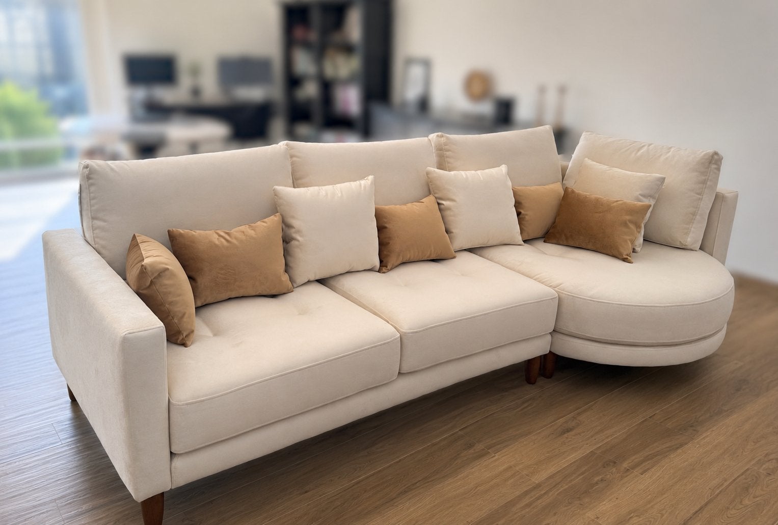 Canapé beige velours – Garantie – Modulable, Huis en Inrichting, Zetels | Complete zithoeken, Zo goed als nieuw, Ophalen
