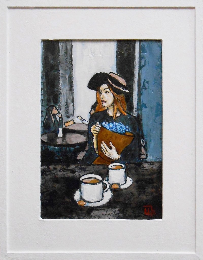 « Au café », Antiquités & Art, Art | Peinture | Moderne, Textile, Peinture à l'huile, Encadré, Portrait