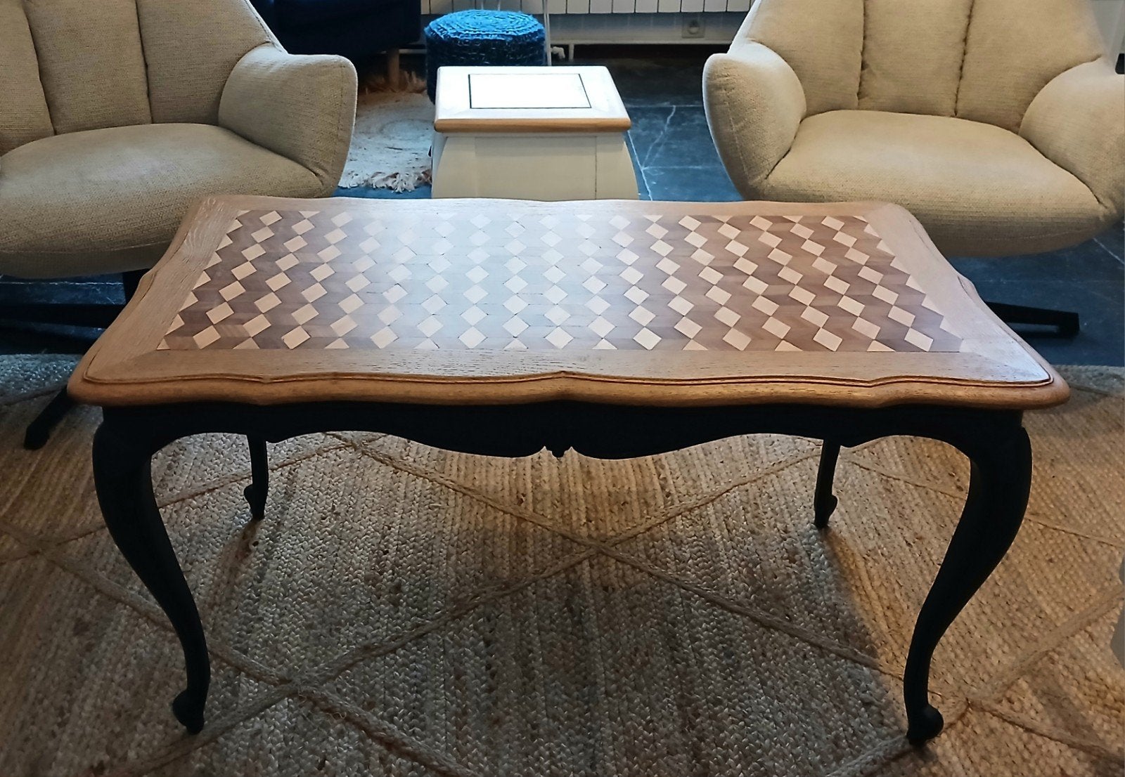 Magnifique table basse en vraie marqueterie bois, Enlèvement