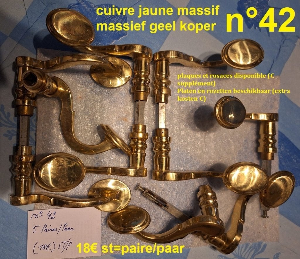 42/66poignée/porte/laiton massif/messing/deurklinken/handvat, Enlèvement ou Envoi, Utilisé, Cuivre ou Laiton, Loquet ou Poignée