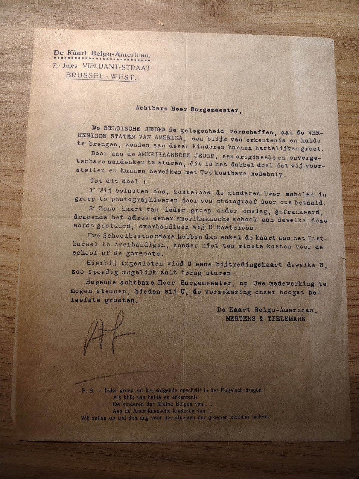 Brief aan Burgemeester Brussel De Kaart Belgo-American, Ophalen of Verzenden, Brief