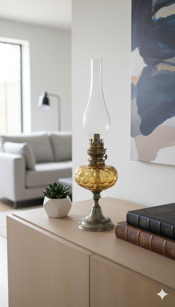 decoratieve kerosinelamp amber/tin/messing, Antiek en Kunst, Antiek | Verlichting, Ophalen of Verzenden