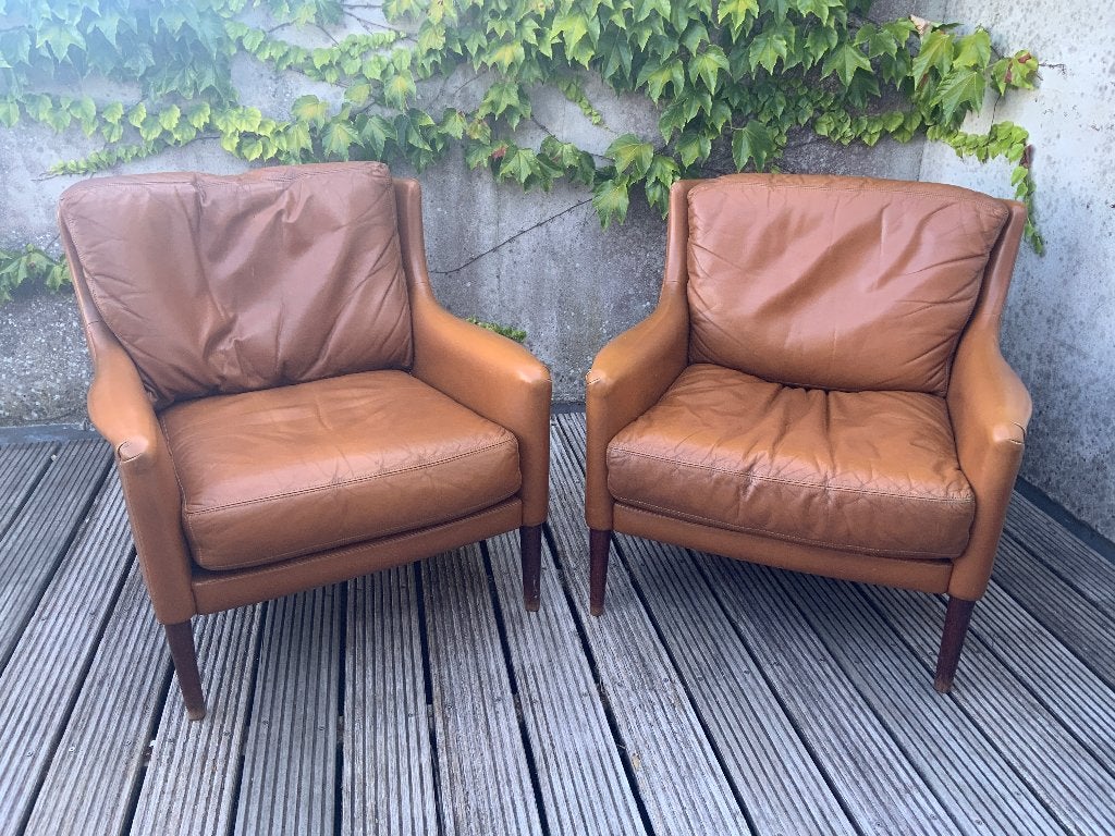 Twee vintage lederen fauteuils van Durlet, jaren ‘60, Ophalen, Gebruikt, Vintage, 75 tot 100 cm
