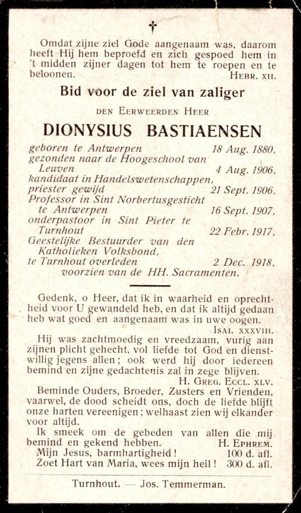 Priest. Bastiaensen Dionysius.° Antwerp.1880 † Turnhout 1918, Collections, Enlèvement ou Envoi, Image pieuse