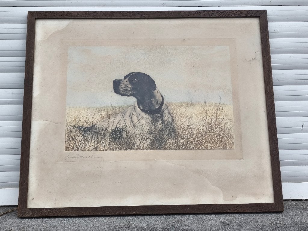 Gravure chien chasse signe Léon danchin, Antiquités & Art, Enlèvement ou Envoi, Gravure