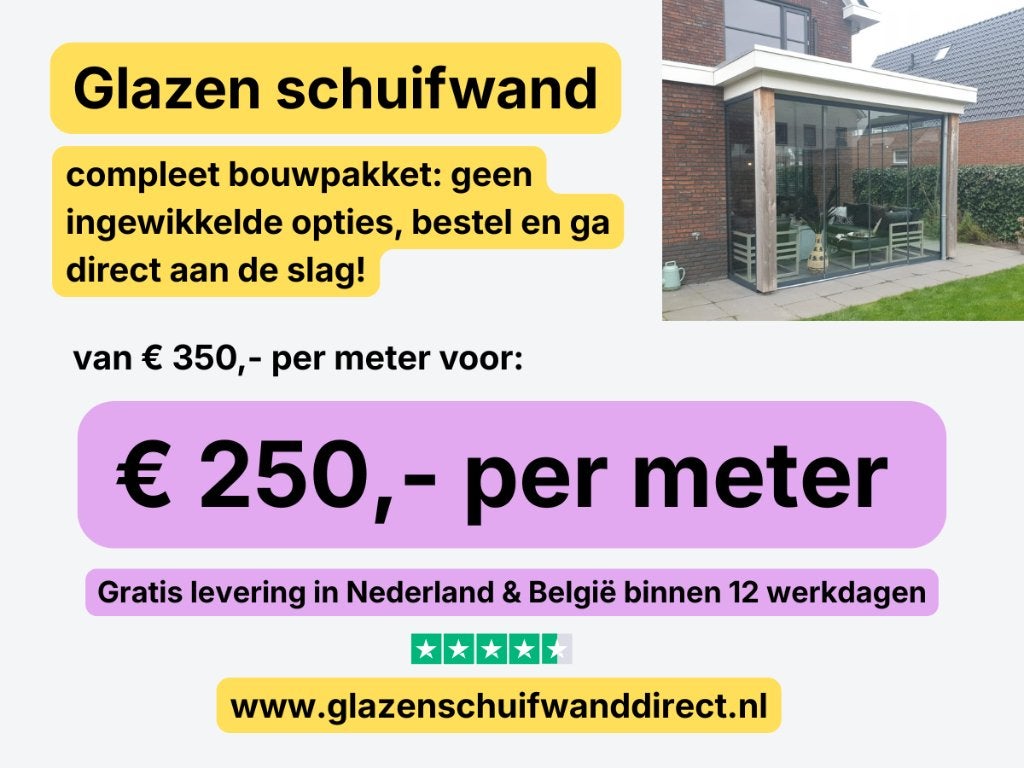 Glazen Schuifwand €250 p/m | Compleet bouwpakket, Tuin en Terras, Overkappingen, Ophalen of Verzenden, Nieuw, Veranda