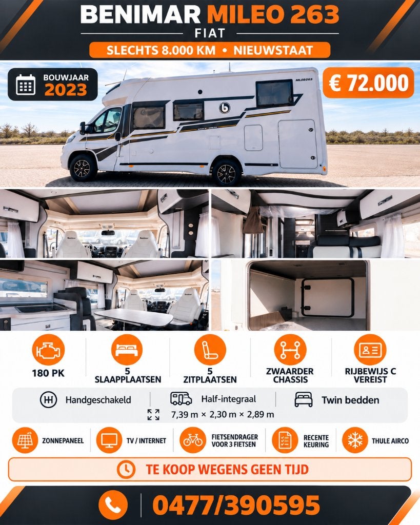 Benimar, Caravans en Kamperen, Ringverwarming, Fiat, Luifel, 7 tot 8 meter