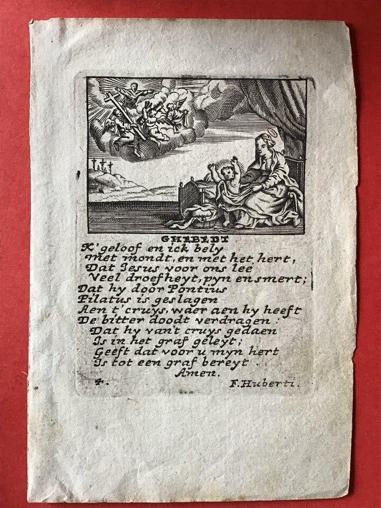 17e Gravure F. Huberti Ghebedt "K' geloof en ick bely...", Religion, Enlèvement ou Envoi, 1600 - 1699, Gravure