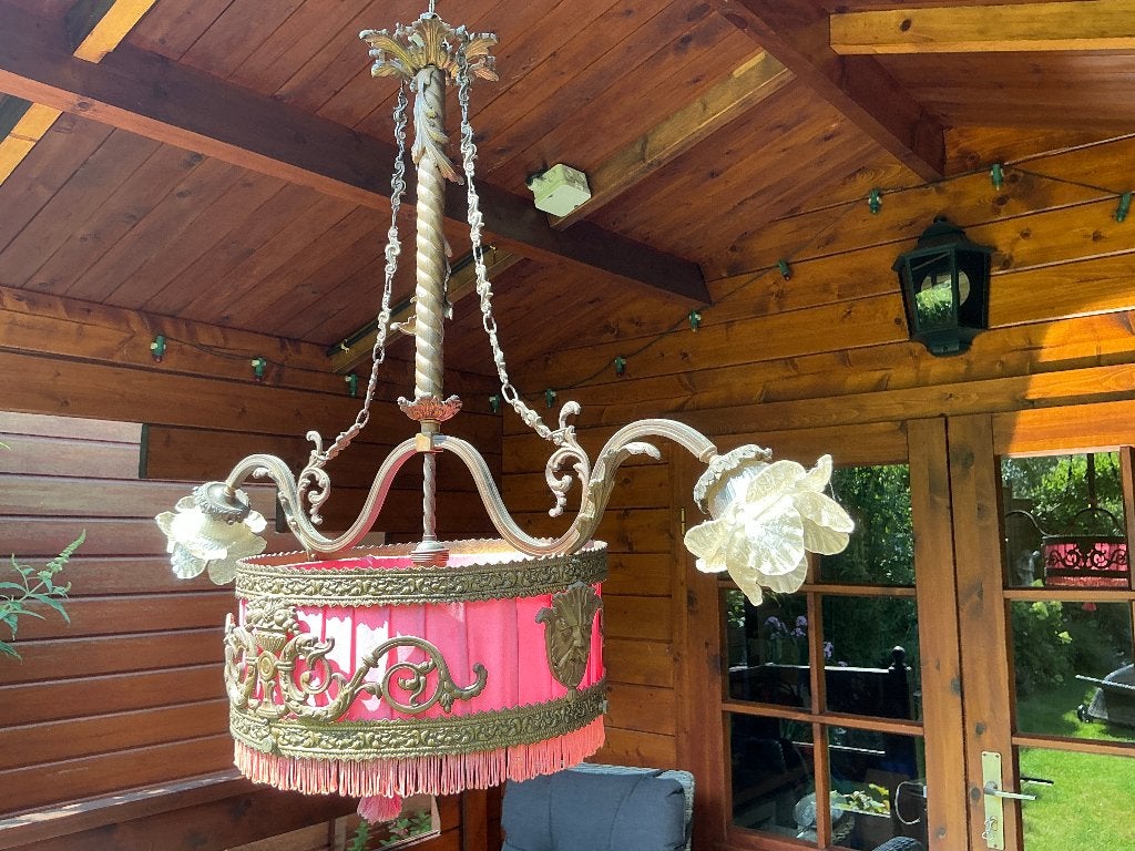 Prachtige antieke bronzen hanglamp, Ophalen, Zo goed als nieuw, Glas, E27 (groot)