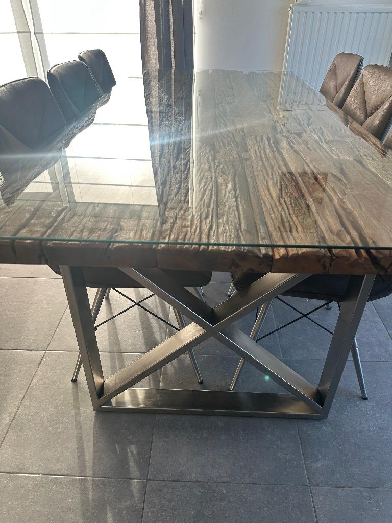 Eetkamertafel+console van ruw hout, Ophalen, Glas, 50 tot 100 cm, Zo goed als nieuw