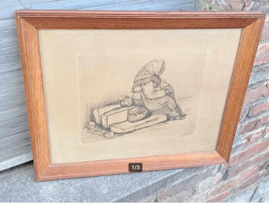Gravure epreuve d artiste femme signe Victor dieu, Enlèvement ou Envoi, Gravure