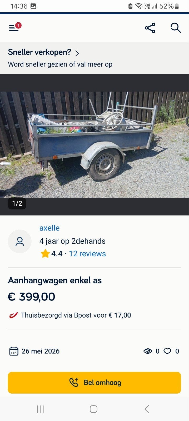 Aanhangwagen enkel as, Ophalen of Verzenden