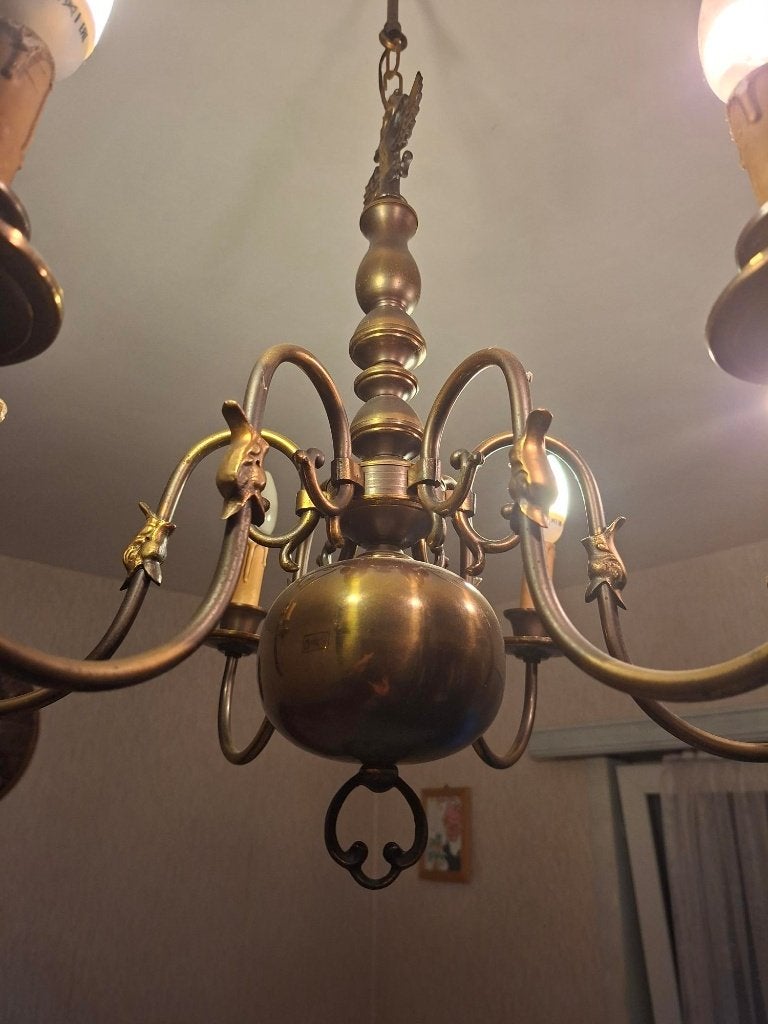 Klassieke koperen kroonluchter – 6 lichtpunten, Huis en Inrichting, Ophalen, Gebruikt, Metaal, E14 (klein)