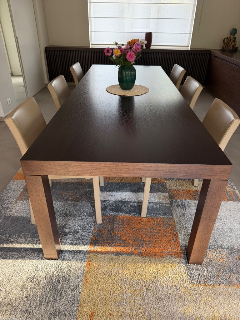 Table à manger en bois foncé (6-8 p.) + 6 chaises design, Maison & Meubles, 100 à 150 cm, Enlèvement, Utilisé, Rectangulaire
