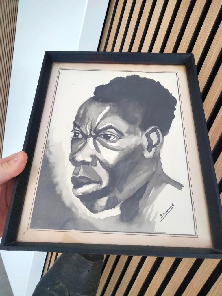 Vintage aquarel kunst tribal Afrika gesigneerd schilderij, Ophalen of Verzenden