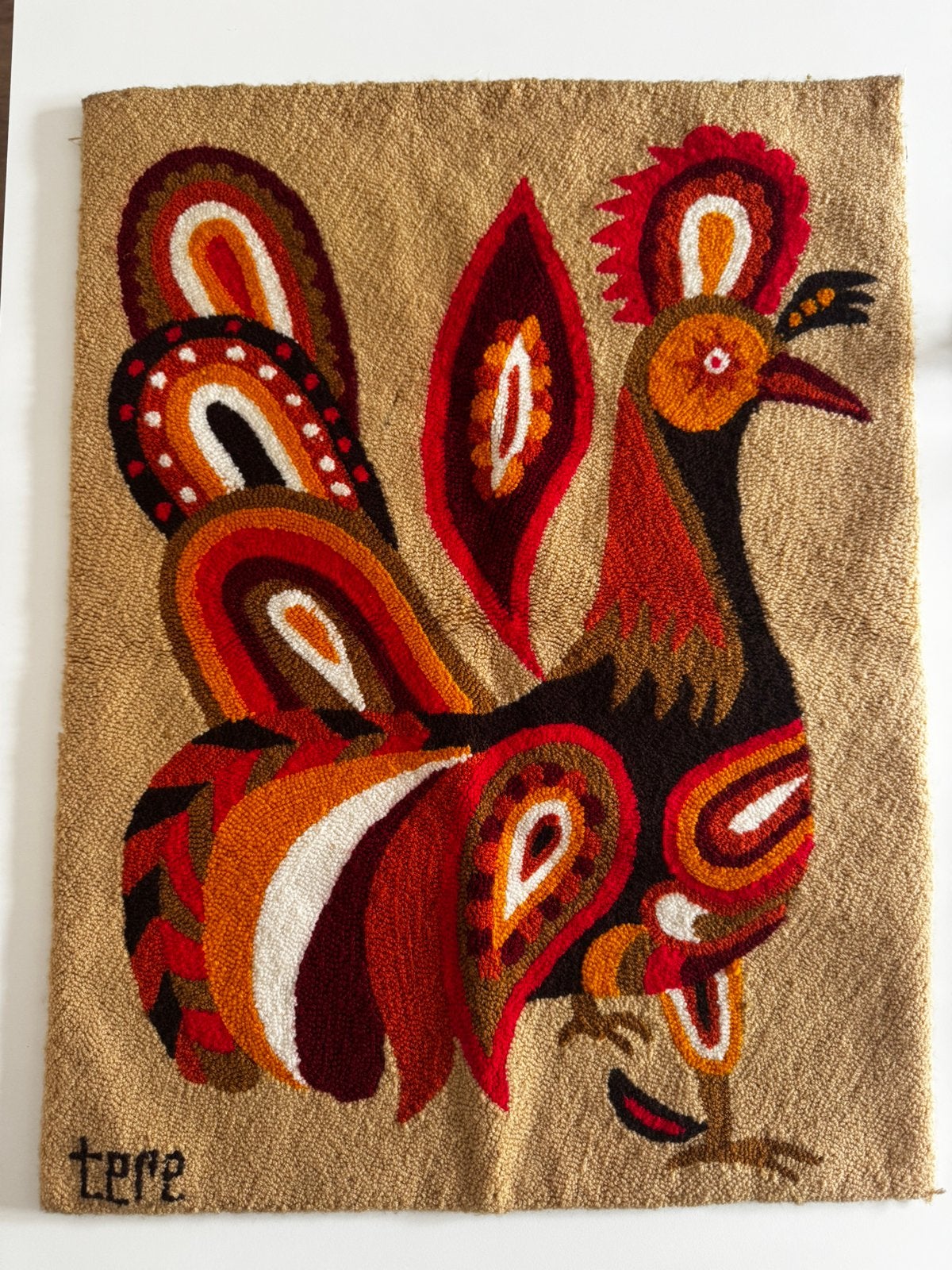 Tapisserie vintage "Tere" Teresa Gonzalez 1970 - Coq 55x70cm, Enlèvement ou Envoi