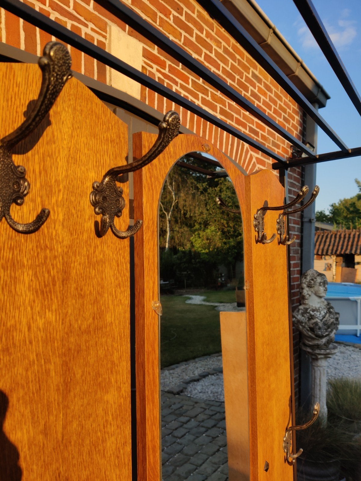 Teakhouten ijzeren kapstok, portemanteau met opbergvak, Huis en Inrichting, Woonaccessoires | Etagères, Ophalen