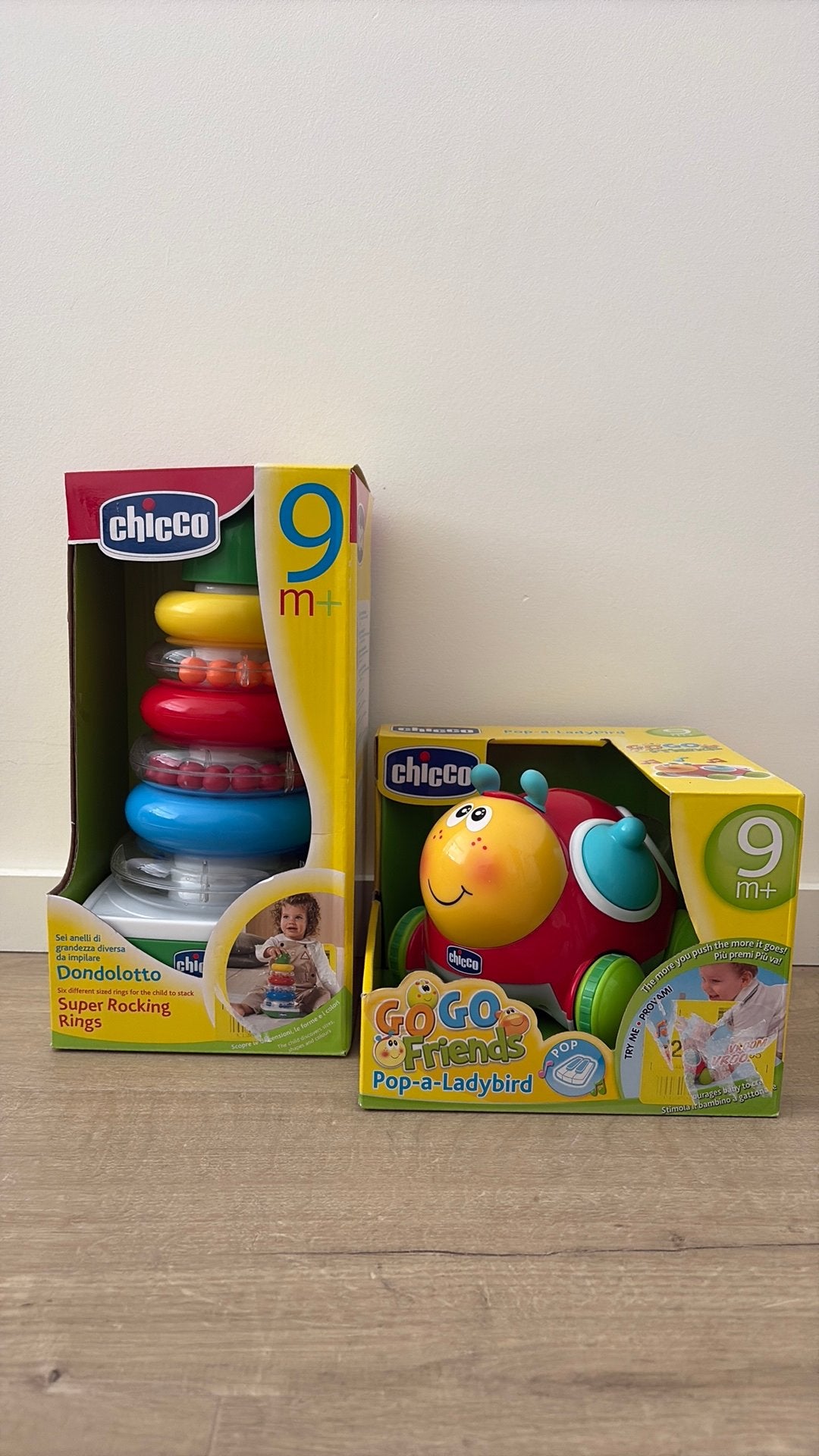 Chicco Dondolotto (ringentoren) en pop-a-ladybird, Kinderen en Baby's, Speelgoed | Overig, Nieuw, Jongen of Meisje, Ophalen