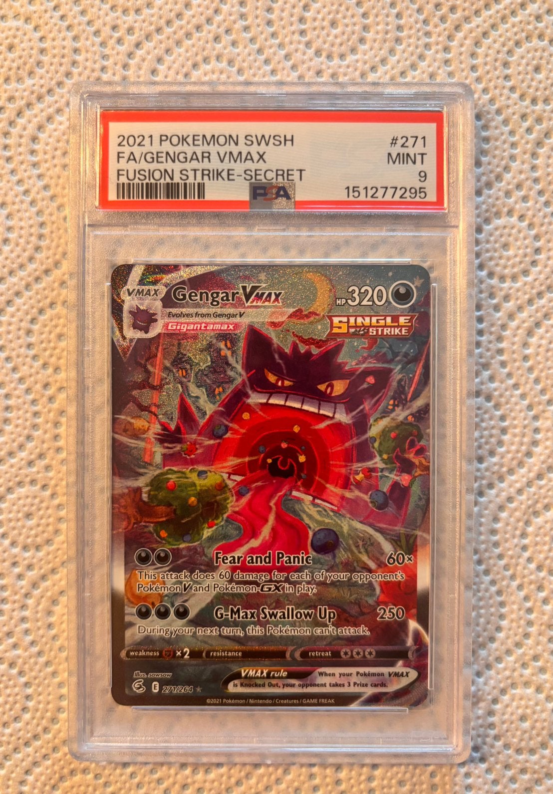 Pokémon Gengar VMAX PSA 9 – Fusion Strike 271/264, Hobby en Vrije tijd, Ophalen, Nieuw
