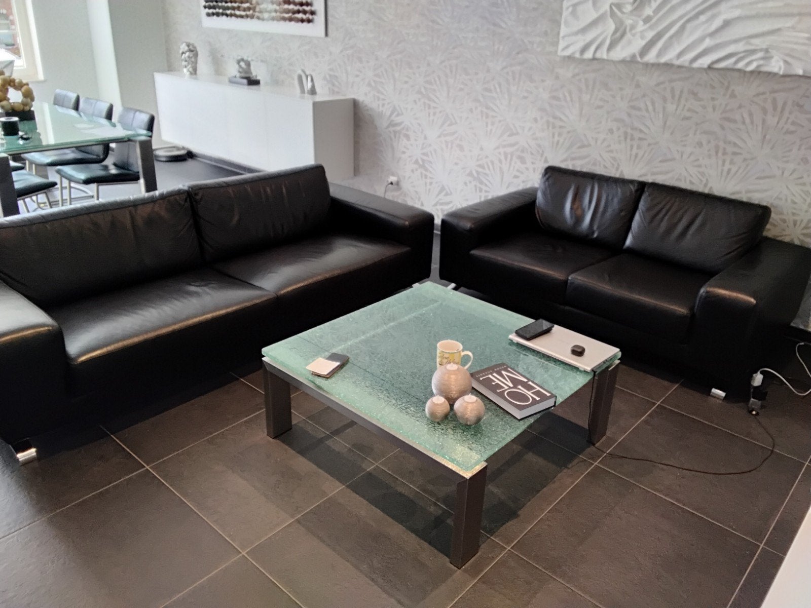 Zwart lederen salon 3,5  zit + 2 zit, Ophalen, Gebruikt, Leer, Modern