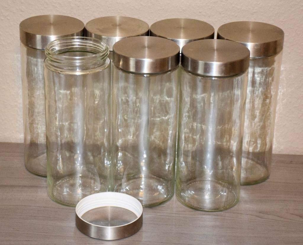 Set van 7 Glazen Voorraadpotten 2,2 L – RVS Schroefdeksel, Voorraadpot, Ophalen, Zo goed als nieuw, Glas