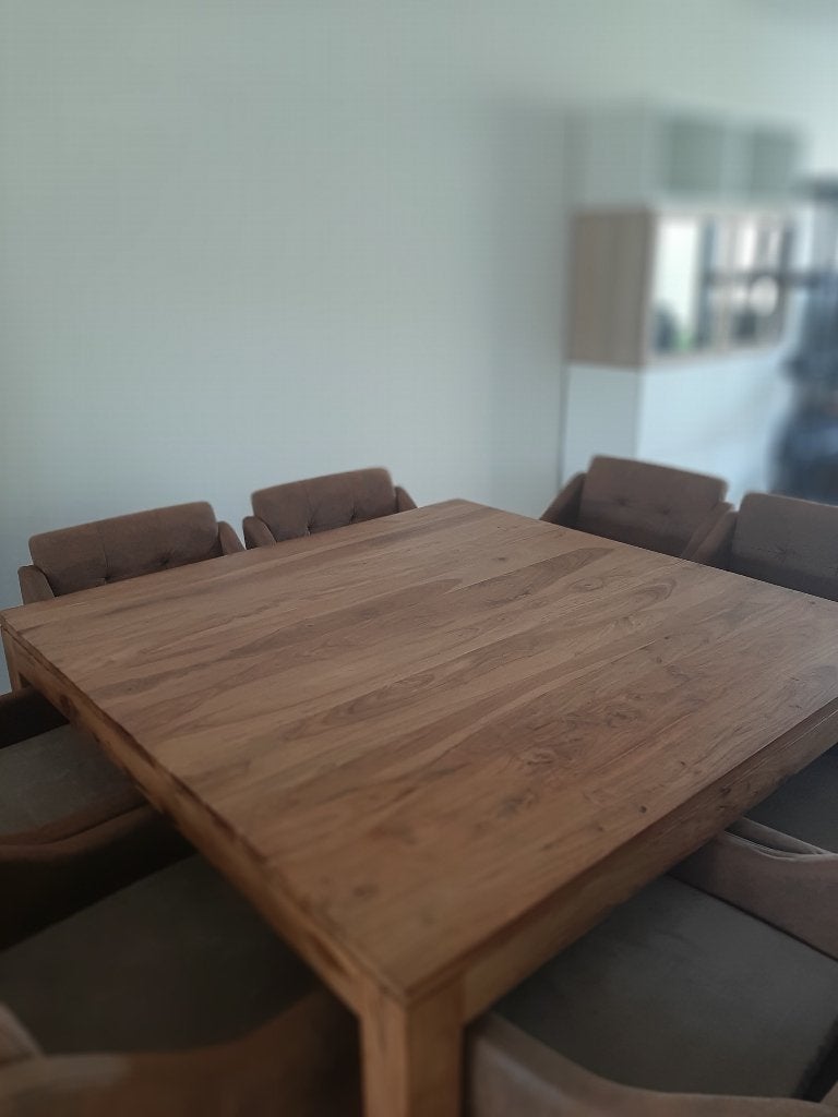 Vierkante eettafel in teak (met of zonder 8 kuipstoeltjes), Ophalen, Gebruikt, Vijf personen of meer, Teak
