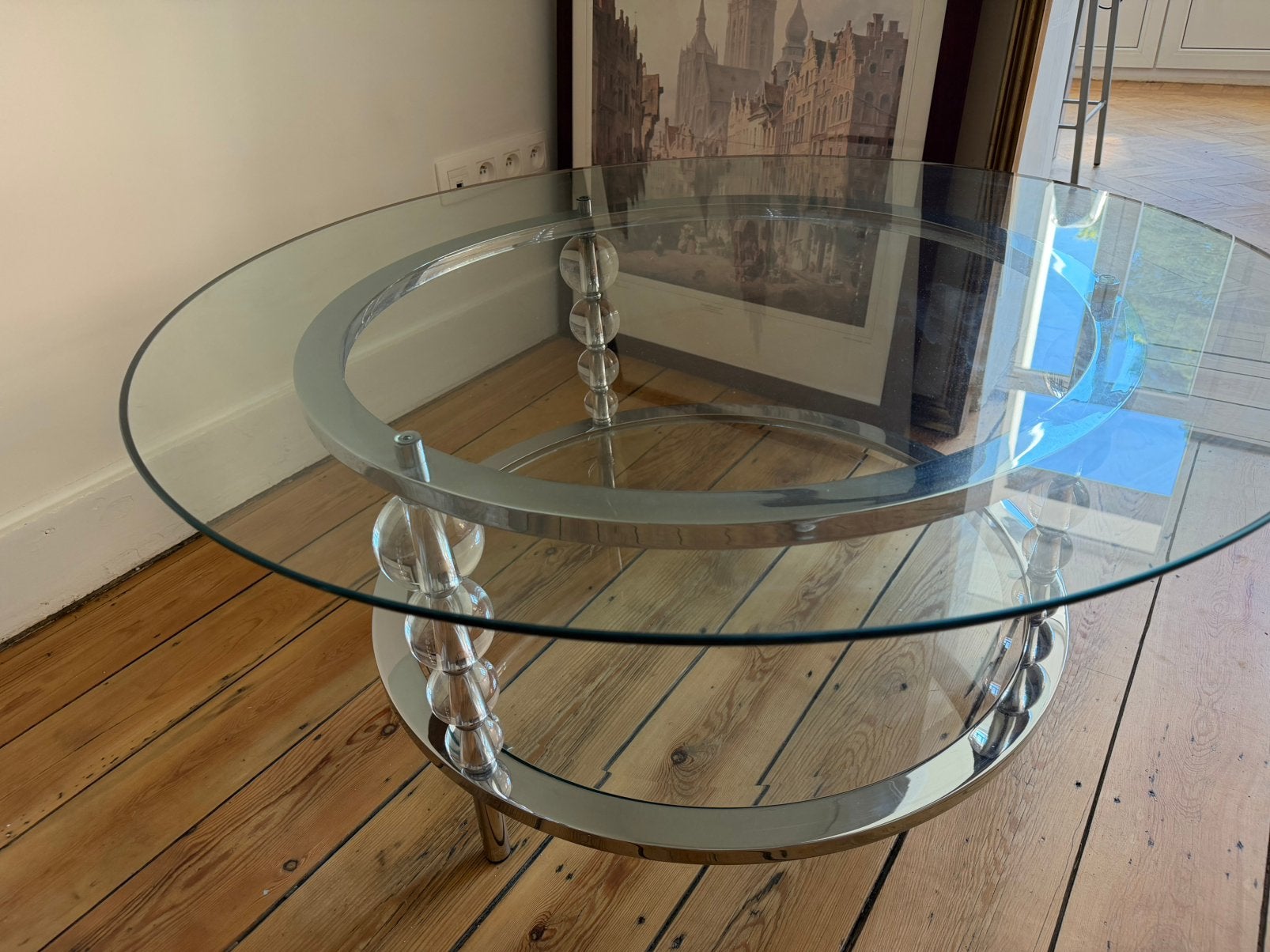 Vintage ronde glazen salontafel – chroom & glazen bollen, Huis en Inrichting, Ophalen, Zo goed als nieuw, Rond, Glas