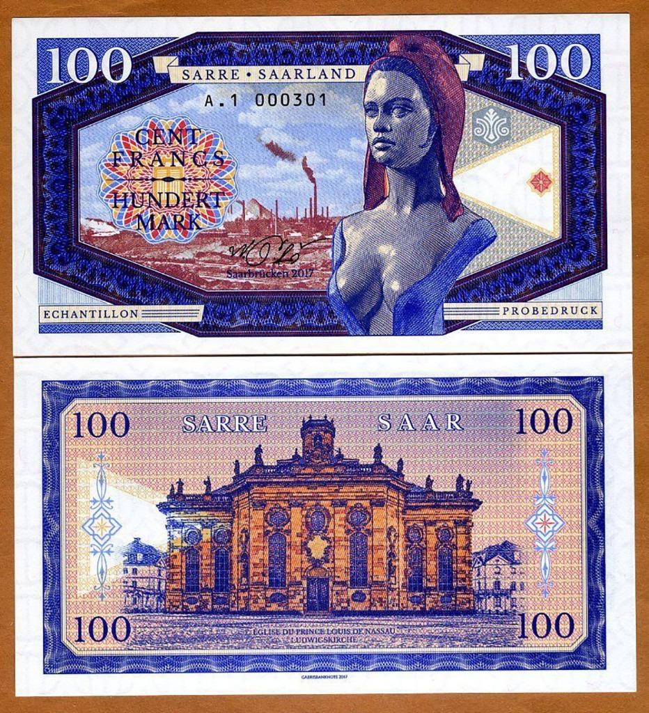 Sarre-Saarland 2017 bankbiljet (échantillon) 100 francs UNC, Verzenden, Frankrijk, Los biljet