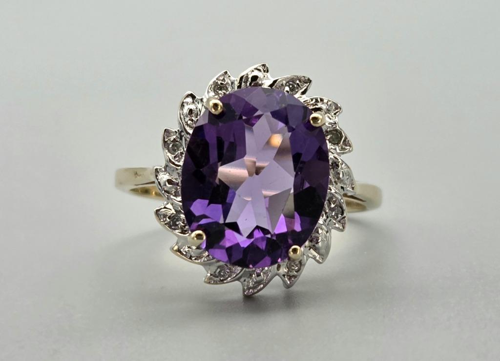 Gouden Vintage ring edelsteen amethist en diamant.2025/680, Verzenden, Paars, Zo goed als nieuw, 17 tot 18