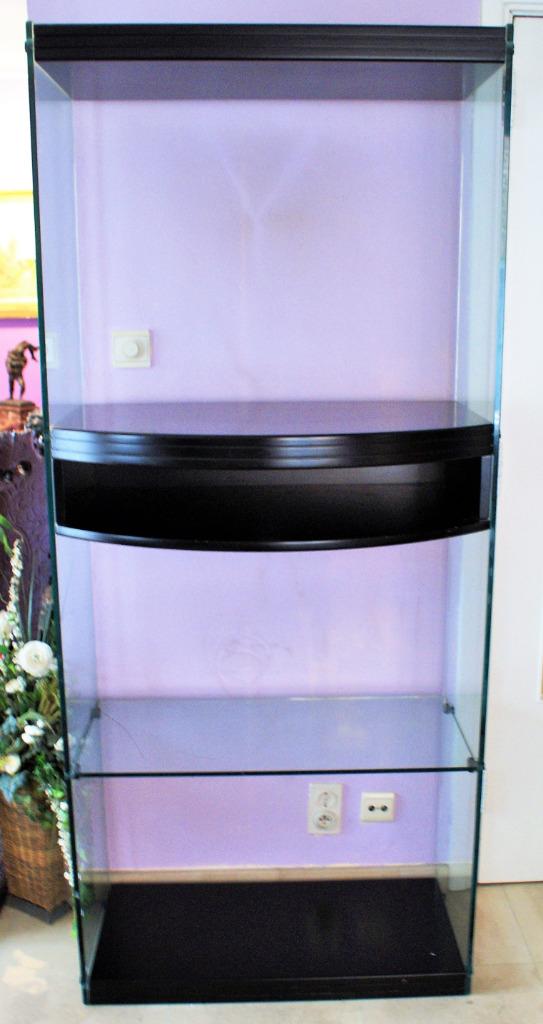 TV meubel in glas + zwart gelakt hout (HxBxD 190x80x40cm), Huis en Inrichting, Kasten |Televisiemeubels, Gebruikt, 150 tot 200 cm